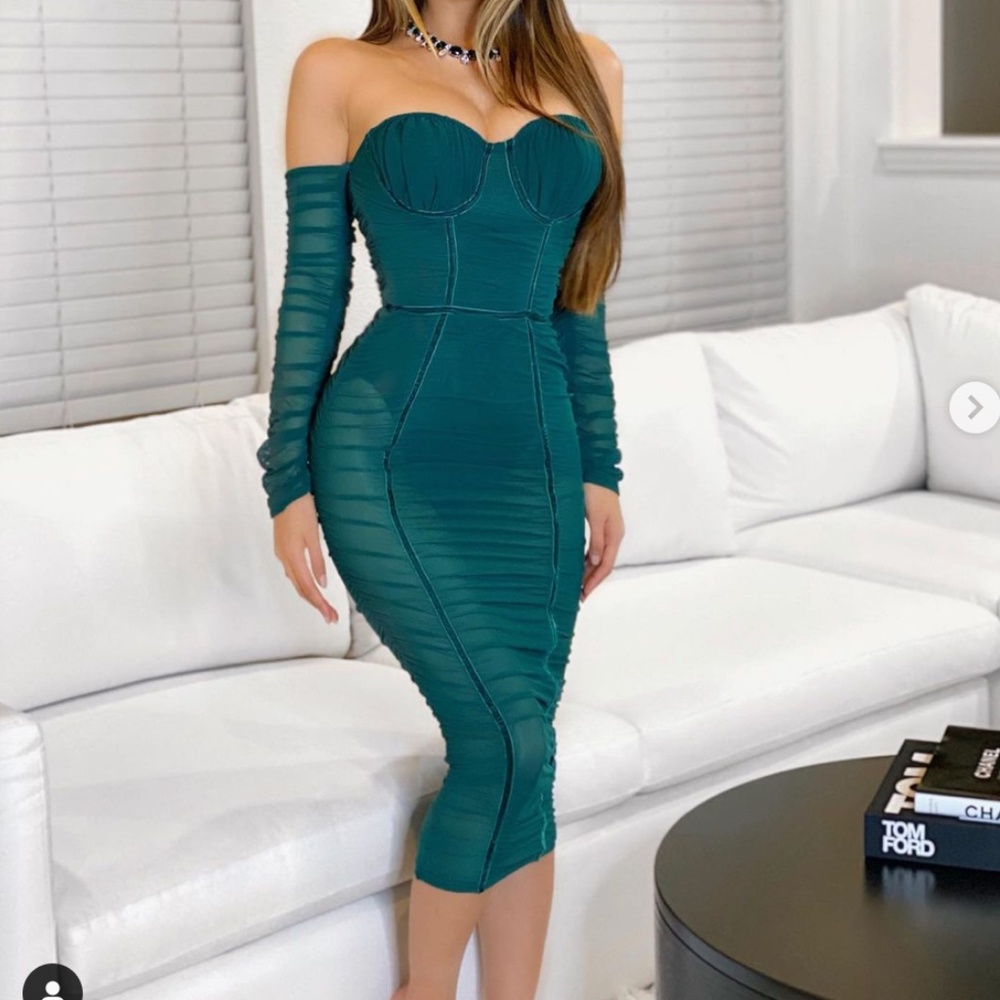 Green Mesh Midi Bardot Off Shoulder Dress